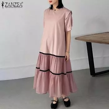 ZANZEA Женское повседневное свободное длинное платье с коротким рукавом в стиле пэчворк S темно-синий