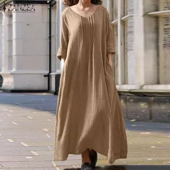 ZANZEA Женское повседневное свободное длинное платье с v-образным вырезом и длинными рукавами S темно-синий