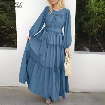 ZANZEA Женское повседневное свободное длинное платье с круглым вырезом и длинными рукавами M чёрный