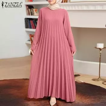 ZANZEA Женское повседневное свободное длинное платье с круглым вырезом и длинными рукавами S розовый