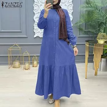 ZANZEA Женское повседневное свободное длинное платье с круглым вырезом и длинными рукавами S темно-синий
