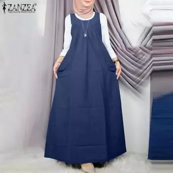 ZANZEA Женское повседневное свободное длинное платье без рукавов с круглым вырезом S темно-синий
