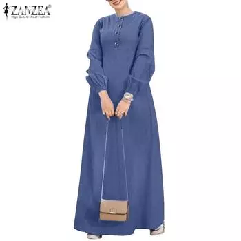 ZANZEA Женское повседневное свободное длинное платье с круглым вырезом и длинными рукавами 4XL синий