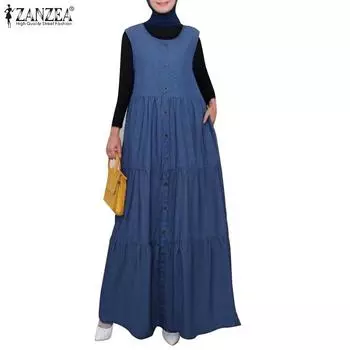 ZANZEA Женское повседневное свободное длинное платье без рукавов с круглым вырезом XL синий