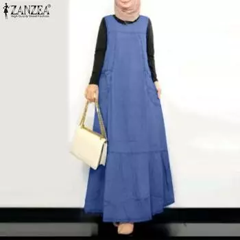 ZANZEA Женское повседневное свободное длинное платье без рукавов с круглым вырезом S темно-синий