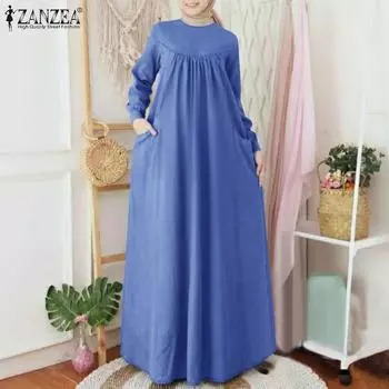 ZANZEA Женское повседневное свободное длинное платье с круглым вырезом и длинными рукавами S темно-синий