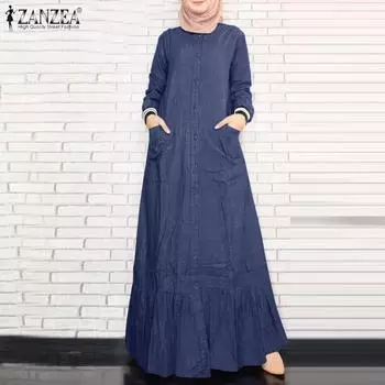 ZANZEA Женское повседневное свободное длинное платье с круглым вырезом и длинными рукавами 5XL синий