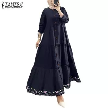 ZANZEA Женское повседневное свободное длинное платье с круглым вырезом и длинным рукавом S белый