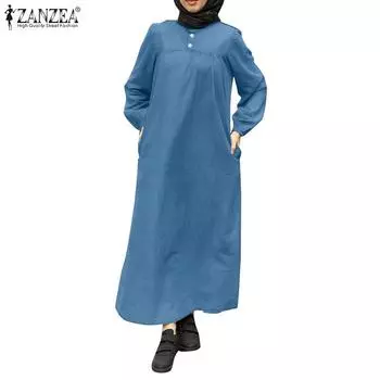 ZANZEA Женское повседневное свободное длинное платье в стиле ретро с круглым вырезом S темно-синий