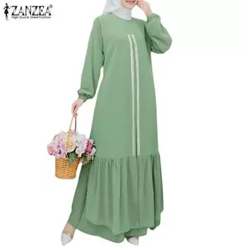 ZANZEA Женское повседневное свободное длинное платье с круглым вырезом и длинными рукавами S темно-синий