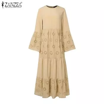 ZANZEA Женское повседневное свободное длинное платье с круглым вырезом и длинными рукавами S темно-синий