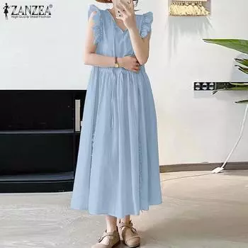 ZANZEA Женское повседневное свободное длинное платье без рукавов с круглым вырезом S бежевый