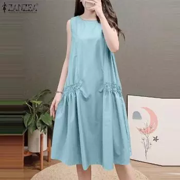 ZANZEA Женское повседневное свободное длинное платье без рукавов с круглым вырезом S коричневый