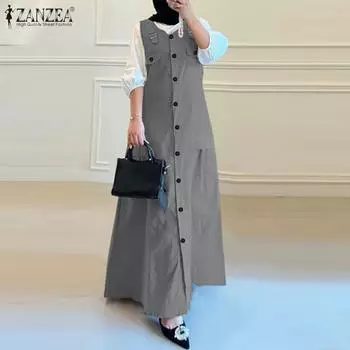 ZANZEA Женское повседневное свободное длинное платье без рукавов с V-образным вырезом S чёрный