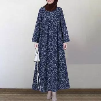 ZANZEA Женское повседневное свободное длинное платье с длинным рукавом и круглым вырезом с принтом M тёмно-синий