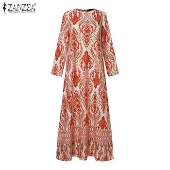 ZANZEA Женское повседневное свободное длинное платье с круглым вырезом и длинным рукавом с принтом S синий