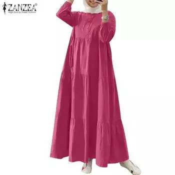 ZANZEA Женское повседневное свободное длинное платье в стиле ретро с круглым вырезом и рукавами девять четвертей S чёрный