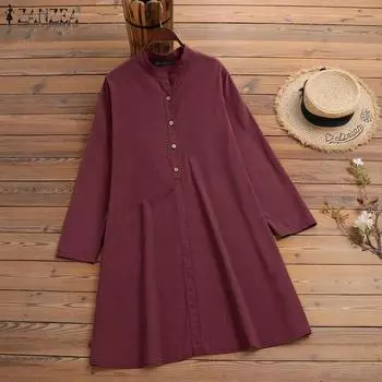 ZANZEA Женское повседневное свободное хлопковое платье с круглым вырезом и длинными рукавами