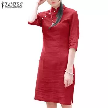 ZANZEA Женское повседневное свободное хлопковое платье с воротником-стойкой и рукавами 3/4