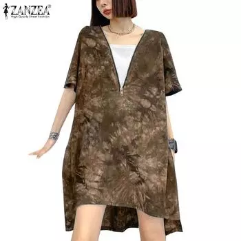 ZANZEA Женское повседневное платье с V-образным вырезом и коротким рукавом, с принтом тай-дай, свободное короткое платье S коричневый