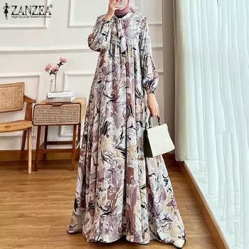 ZANZEA Женское повседневное свободное круглое платье с длинным рукавом и принтом S зелёный