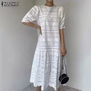 ZANZEA Женское Повседневное Свободное Кружевное Платье С Круглым Вырезом и Половиной Рукавов S белый