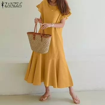 ZANZEA Женское повседневное свободное летнее длинное платье с круглым вырезом и короткими рукавами