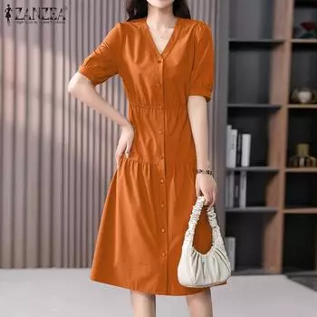 ZANZEA Женское повседневное свободное летнее длинное платье с коротким рукавом и v-образным вырезом