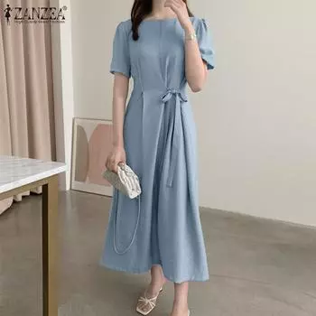 ZANZEA Женское повседневное свободное летнее длинное платье с круглым вырезом и коротким рукавом