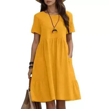 ZANZEA Женское повседневное свободное летнее платье с коротким рукавом и круглым вырезом S жёлтый