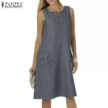 ZANZEA Женское повседневное свободное летнее платье без рукавов с v-образным вырезом