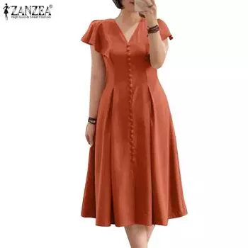 ZANZEA Женское повседневное свободное летнее платье с v-образным вырезом и короткими рукавами S синий