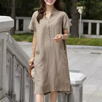 ZANZEA Женское повседневное свободное летнее платье с v-образным вырезом и короткими рукавами