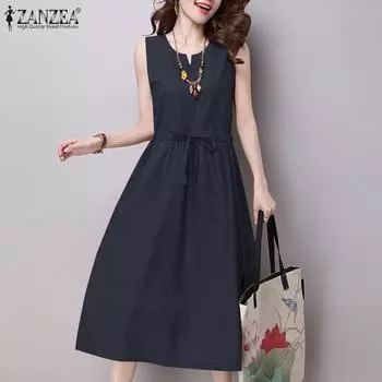 ZANZEA Женское повседневное свободное летнее платье без рукавов с v-образным вырезом