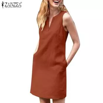 ZANZEA Женское повседневное свободное летнее платье без рукавов с v-образным вырезом