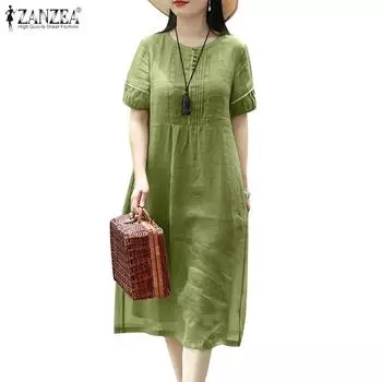 ZANZEA Женское повседневное свободное летнее платье с круглым вырезом и короткими рукавами S темно-синий