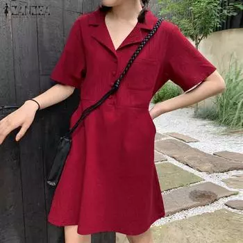 ZANZEA Женское повседневное свободное летнее платье с короткими рукавами и зубчатыми лацканами