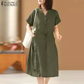 ZANZEA Женское повседневное свободное летнее платье с v-образным вырезом и короткими рукавами
