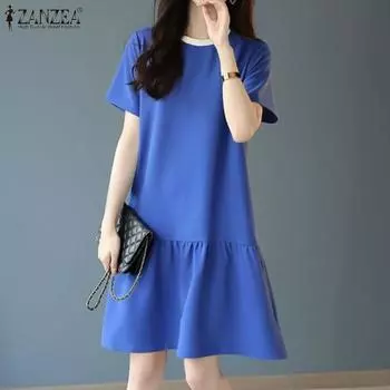 ZANZEA Женское повседневное свободное летнее платье с коротким рукавом и круглым вырезом 4XL хаки