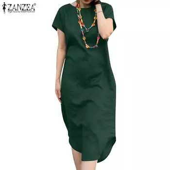 ZANZEA Женское повседневное свободное летнее платье с короткими рукавами и круглым вырезом 4XL хаки