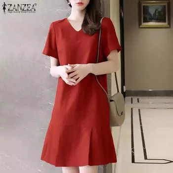 ZANZEA Женское повседневное свободное летнее платье с v-образным вырезом и короткими рукавами