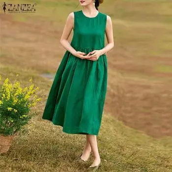 ZANZEA Женское повседневное свободное летнее платье без рукавов с круглым вырезом 4XL чёрный