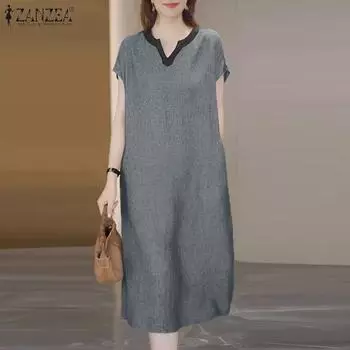 ZANZEA Женское повседневное свободное летнее платье с коротким рукавом и V-образным вырезом 3XL темно-синий