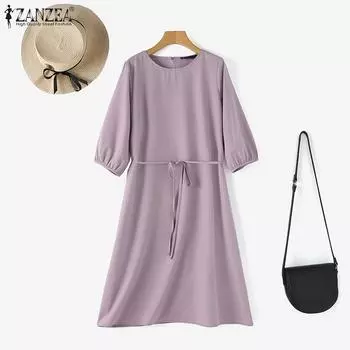 ZANZEA Женское повседневное свободное летнее платье с круглым вырезом и рукавами 3/4 5XL фиолетовый