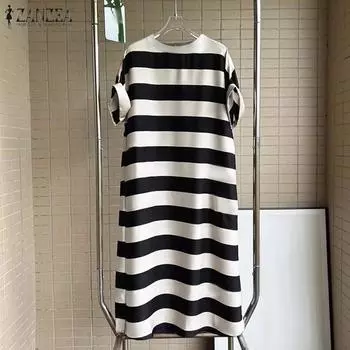 ZANZEA Женское повседневное свободное летнее платье в полоску с круглым вырезом и короткими рукавами S чёрный