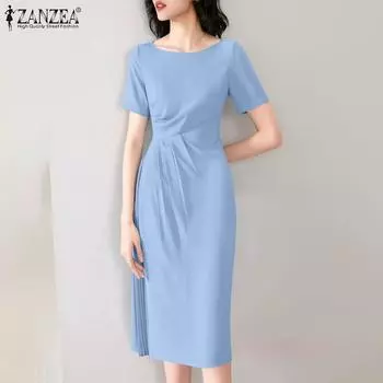 ZANZEA Женское повседневное свободное летнее платье с круглым вырезом и короткими рукавами S хаки