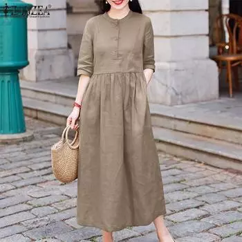 ZANZEA Женское повседневное свободное летнее платье с круглым вырезом и короткими рукавами S темно-синий