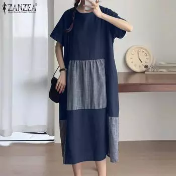 ZANZEA Женское повседневное свободное летнее платье с коротким рукавом и круглым вырезом S темно-синий
