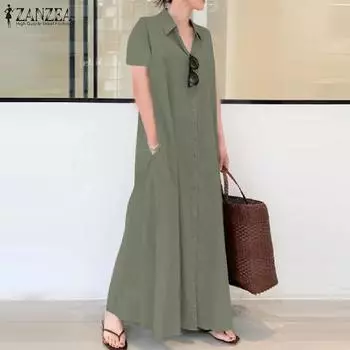 ZANZEA Женское повседневное свободное летнее платье с отложным воротником и коротким рукавом L зелёный