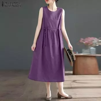 ZANZEA Женское повседневное свободное летнее платье без рукавов с круглым вырезом XL чёрный